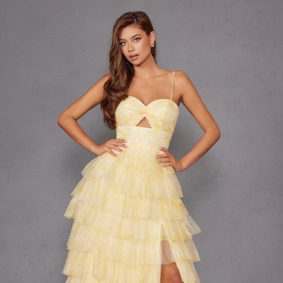 NEW FORMAL SLEEVELESS RUFFLED DRESS W/ FLORAL PRINT W/ SWEETHEART NECK JT2508A - Picture 1 of 10